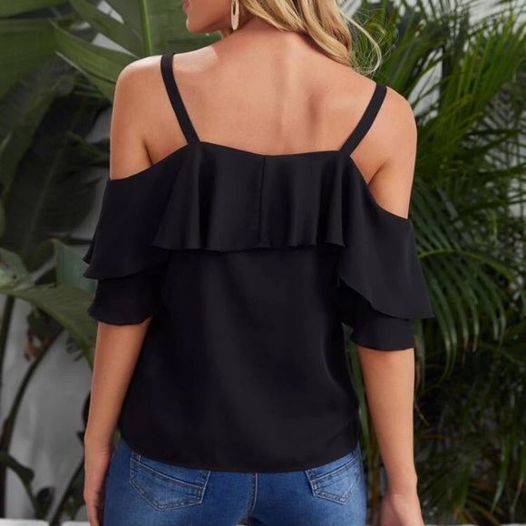 Black boho ruffle cold shoulder top tank shirt - Picture 2 of 2